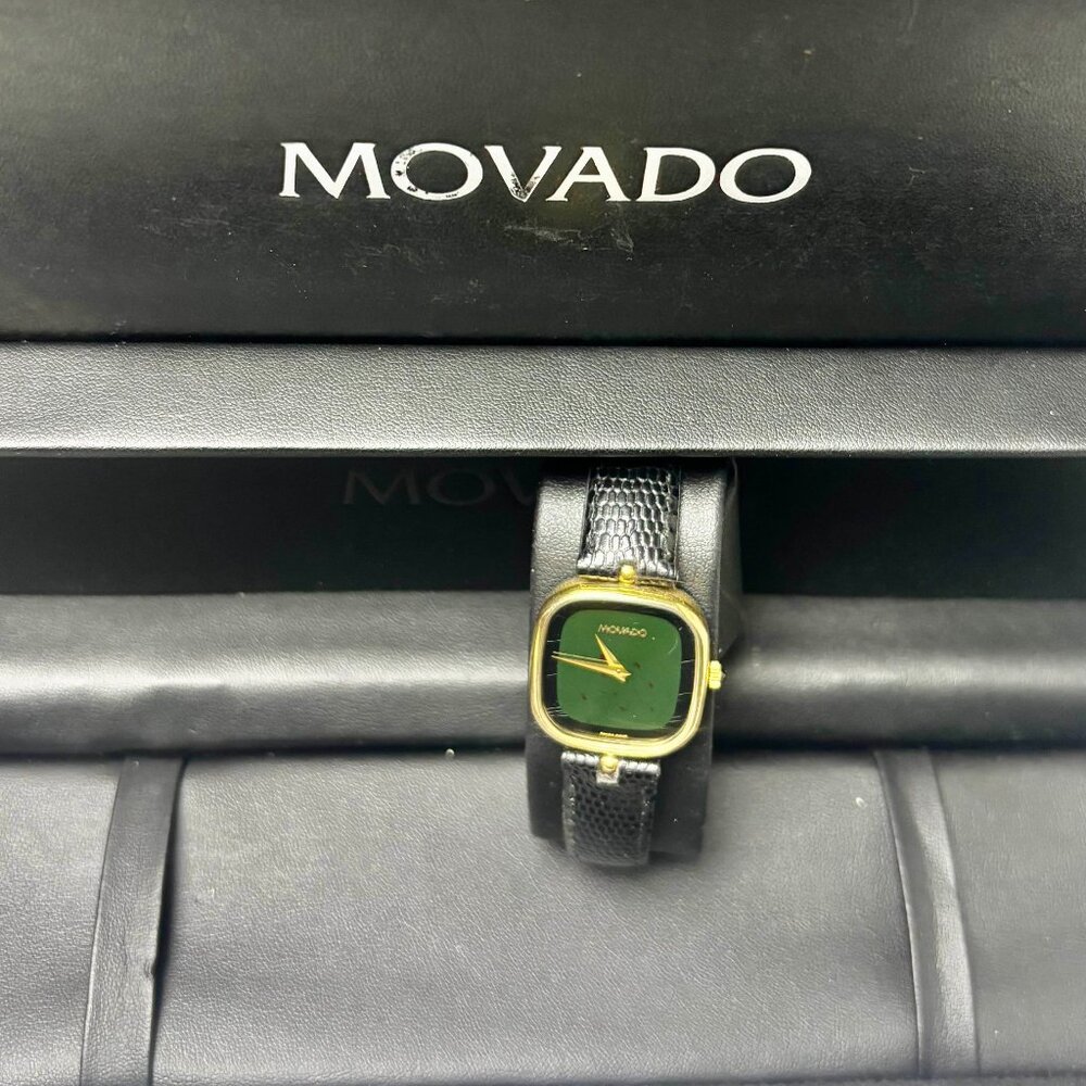 Movado Vintage pre-owned wind-up gold plated black dial watch